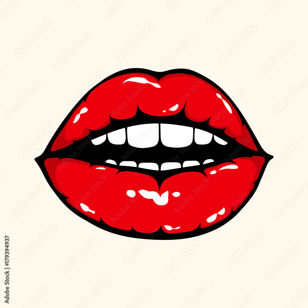 Sexy woman open mouth with shiny red lips. Vector illustration