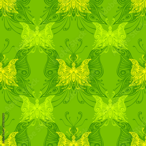 Seamless pattern with zentangle butterflies in green
