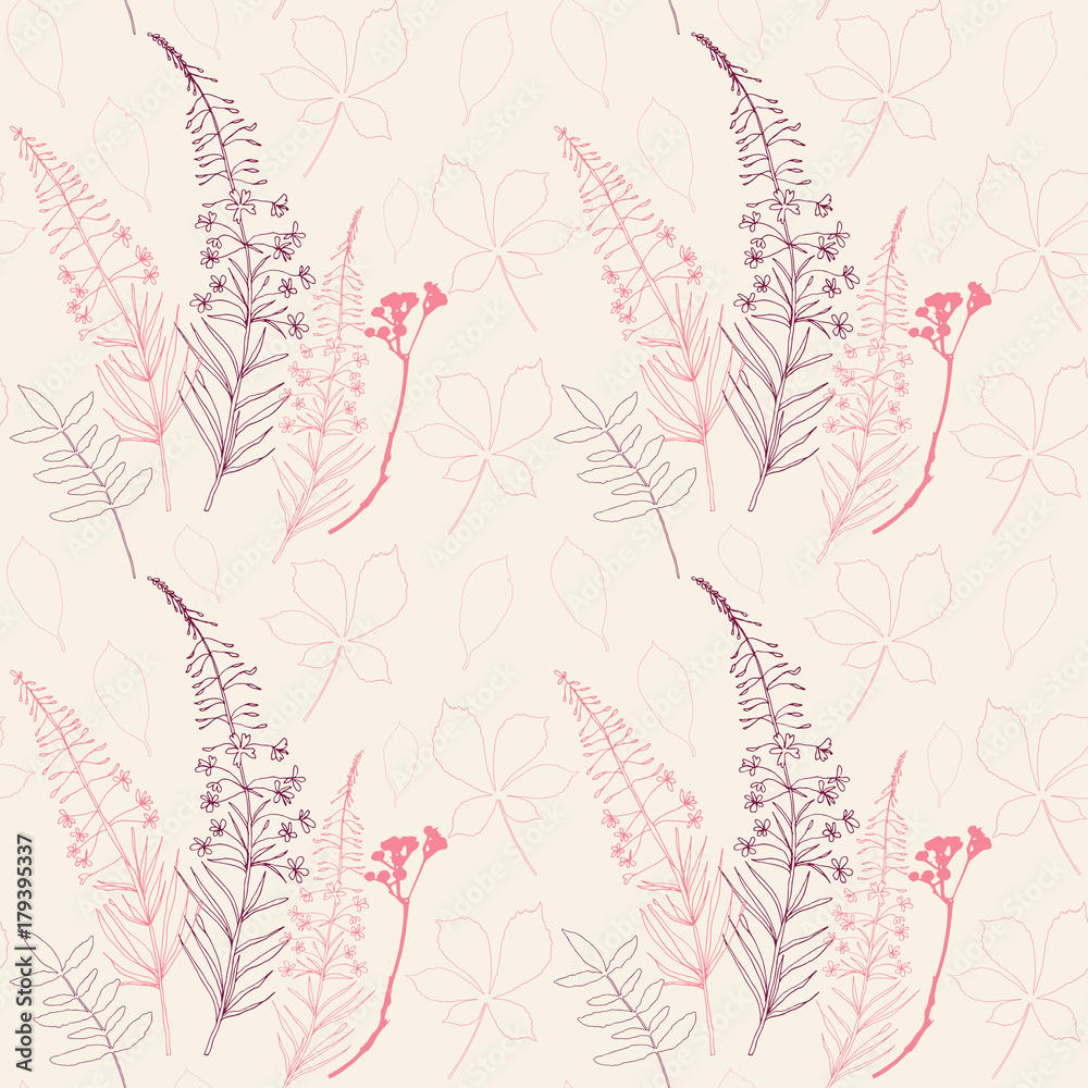 Floral vector seamless pattern with different hand drawn leaves, wild flowers and plants Floral vector seamless pattern with different hand drawn leaves, wild flowers and plants