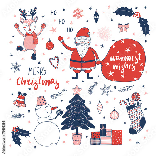 Set of hand drawn Christmas design elements with cute cartoon deer, Santa Claus, snowman decorating a tree, typography Merry Christmas, Warmest wishes. Isolated objects on white background. Vector.