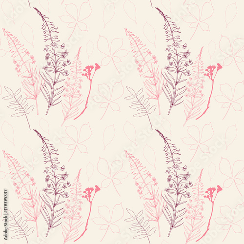Floral vector seamless pattern with different hand drawn leaves, wild flowers and plants