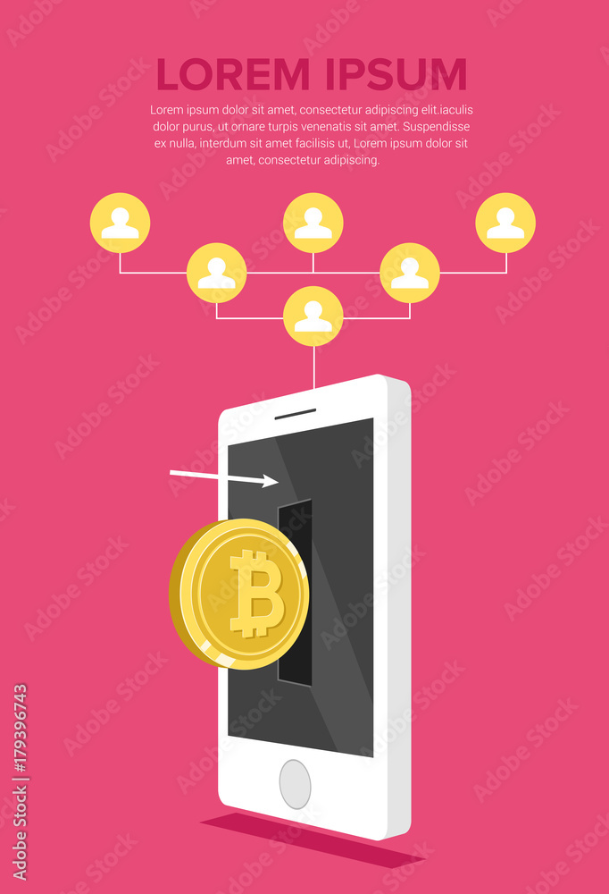 Industry 4.0 concept: Bitcoin on smart phone screen, illustration vector