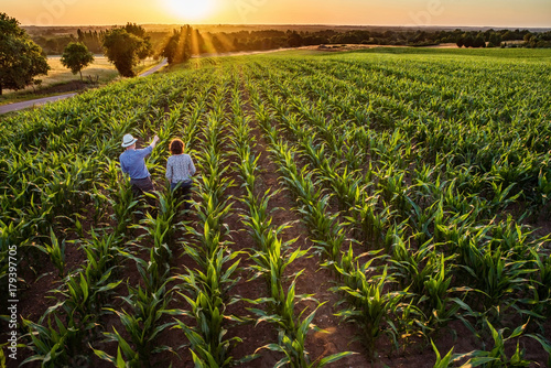 A farmer and his wife standing in their cornfield at sunset