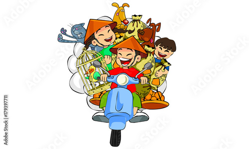 Vietnamese on motobike with all his family and things colored