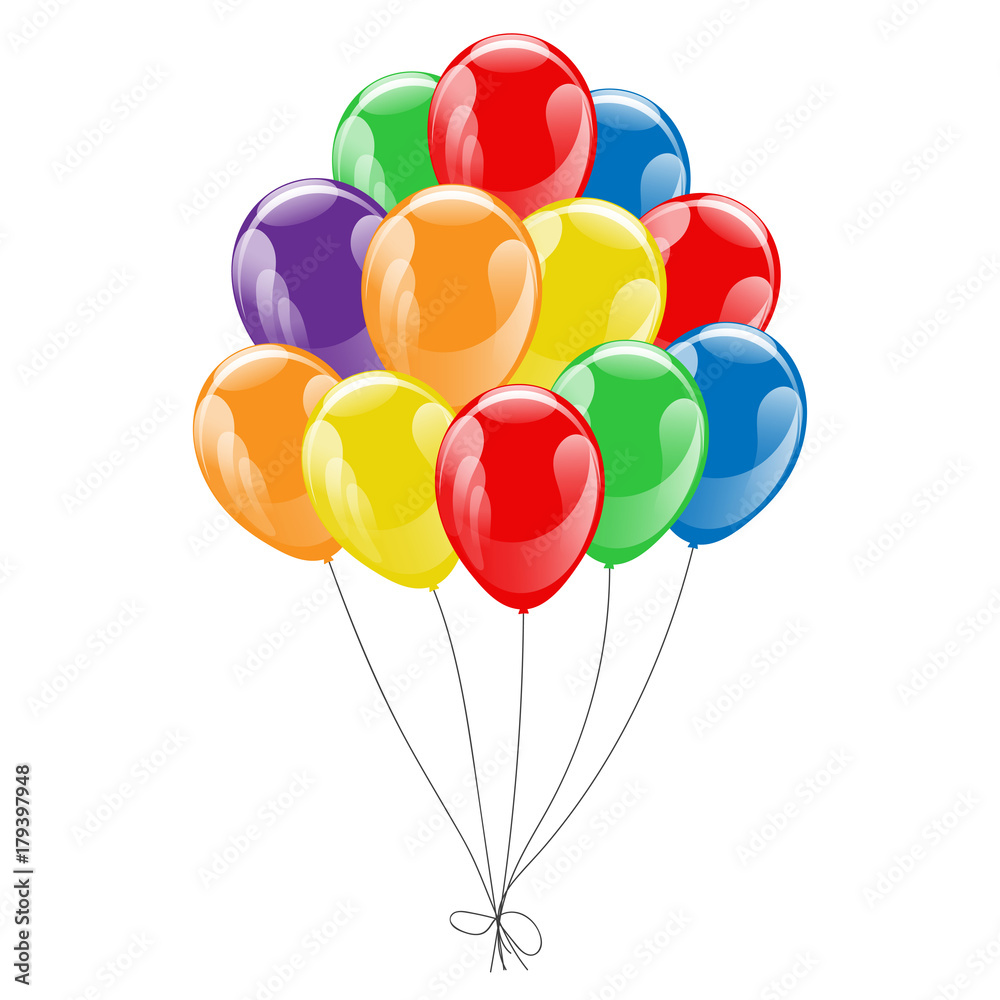 Bunche of colorful helium balloons isolated on white background. Concept of birthday party, anniversary and wedding invitations Bunche of colorful helium balloons isolated on white background. Concept of birthday party, anniversary and wedding invitations