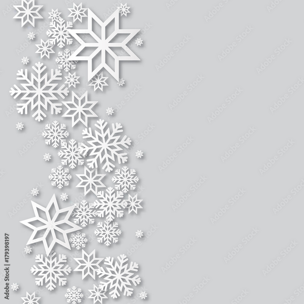 Fototapeta premium Vector illustration abstract Christmas Background with volumetric snowflakes. Winter paper art design. White 3D snowflakes with shadow. Xmas and new year card template
