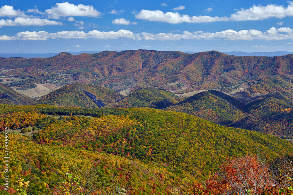 View of autumn colors and North Fork Mountain, located in the Allegheny Highlands of West Virginia, USA