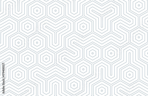 Seamless geometric pattern with hexagons and lines. Irregular structure for fabric print. Monochrome abstract background.