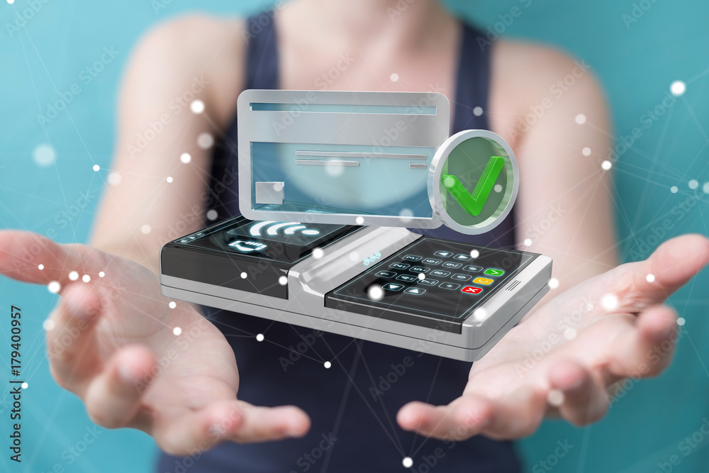 Businesswoman using contactless terminal payment 3D rendering Businesswoman using contactless terminal payment 3D rendering