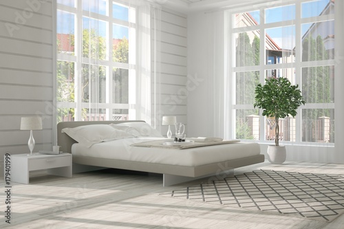 Inspiration of white minimalist  bedroom with summer landscape in window. Scandinavian interior design. 3D illustration