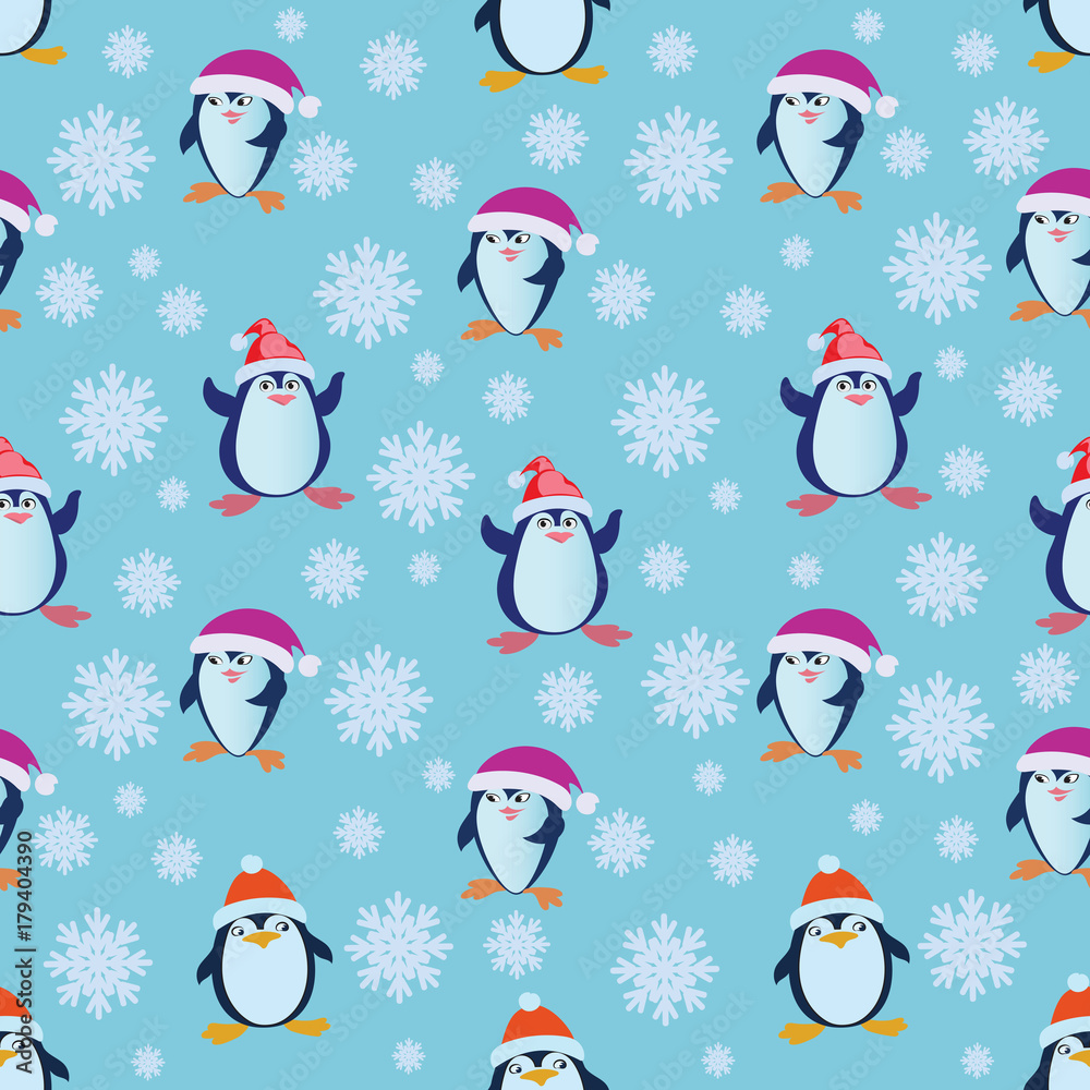 Naklejka premium Seamless pattern with funny penguins. Penguin in a red hat and snowflakes. Design for textiles, tapestries, gift wrapping.