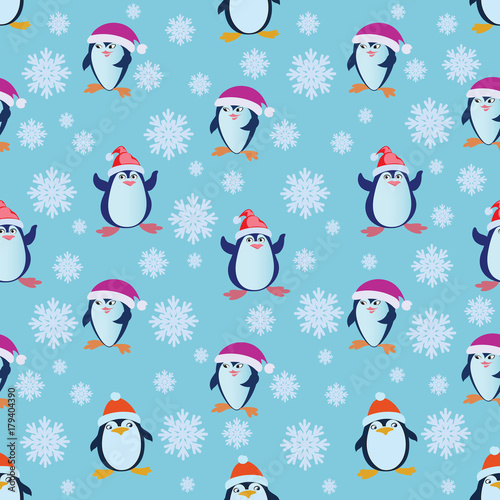 Seamless pattern with funny penguins. Penguin in a red hat and snowflakes. Design for textiles  tapestries  gift wrapping.