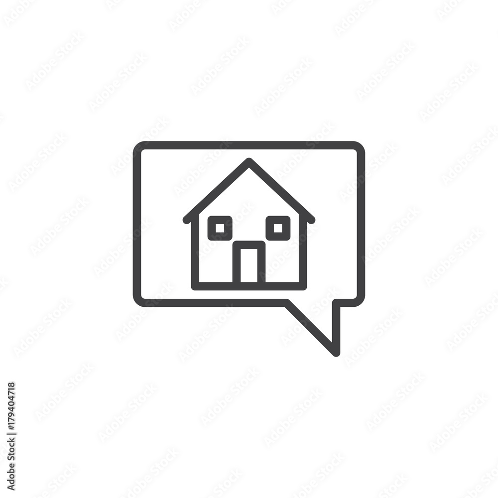 House in chat bubble line icon, outline vector sign, linear style pictogram isolated on white. Symbol, logo illustration. Editable stroke House in chat bubble line icon, outline vector sign, linear style pictogram isolated on white. Symbol, logo illustration. Editable stroke