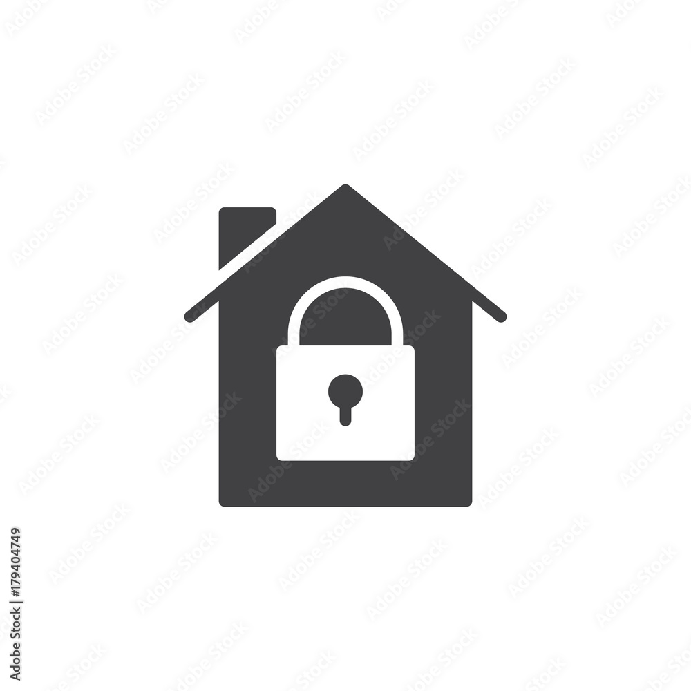 House with closed lock icon vector, filled flat sign, solid pictogram isolated on white. Home protection with locked padlock symbol, logo illustration House with closed lock icon vector, filled flat sign, solid pictogram isolated on white. Home protection with locked padlock symbol, logo illustration