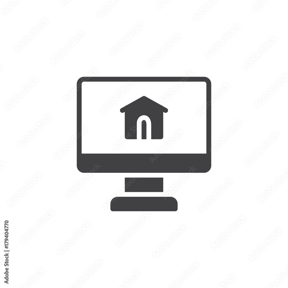 Computer monitor with house icon vector, filled flat sign, solid pictogram isolated on white. Real estate website symbol, logo illustration. Computer monitor with house icon vector, filled flat sign, solid pictogram isolated on white. Real estate website symbol, logo illustration.