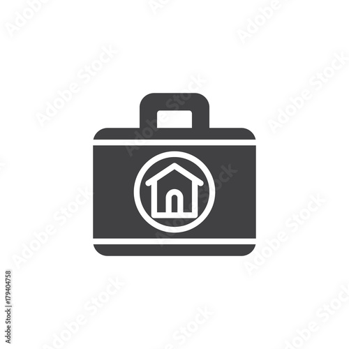 Real estate agent briefcase icon vector, filled flat sign, solid pictogram isolated on white. Suitcase with home symbol, logo illustration.