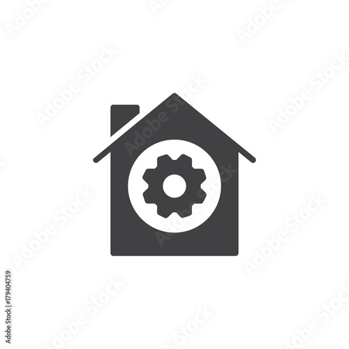 Gear wheel in house icon vector, filled flat sign, solid pictogram isolated on white. Home working system symbol, logo illustration