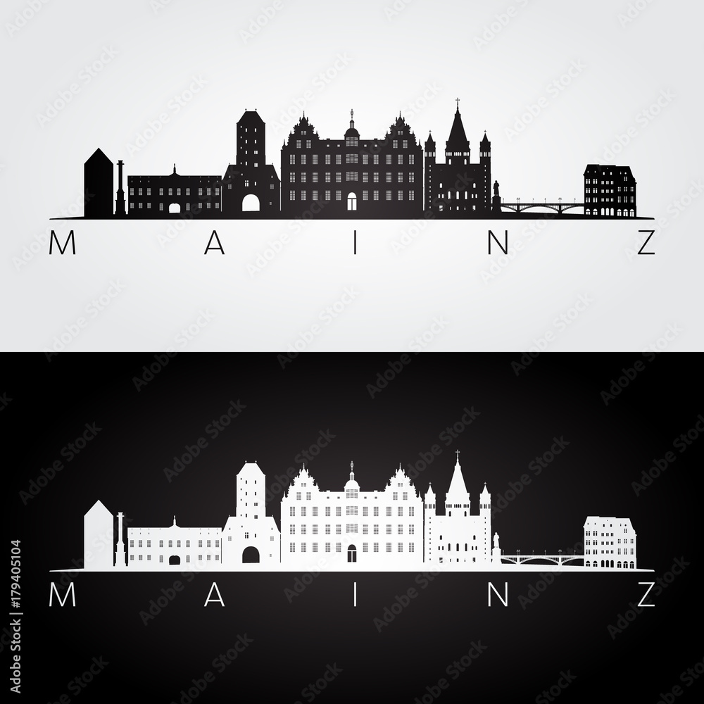 Obraz premium Mainz skyline and landmarks silhouette, black and white design, vector illustration.