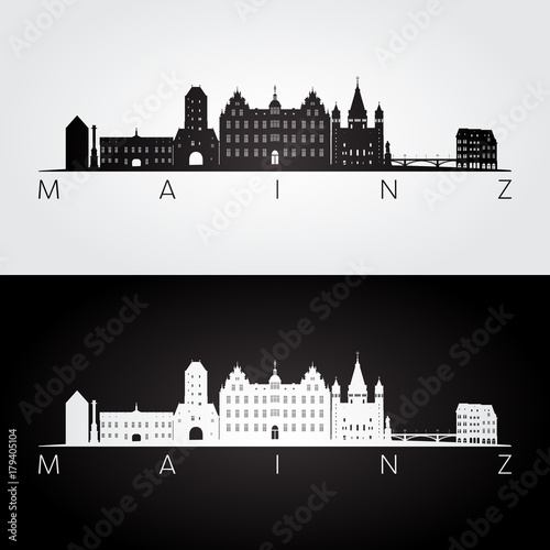 Mainz skyline and landmarks silhouette, black and white design, vector illustration.