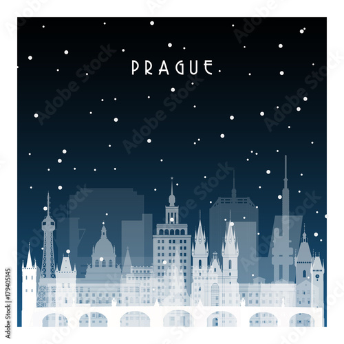Winter night in Prague. Night city in flat style for banner, poster, illustration, game, background.