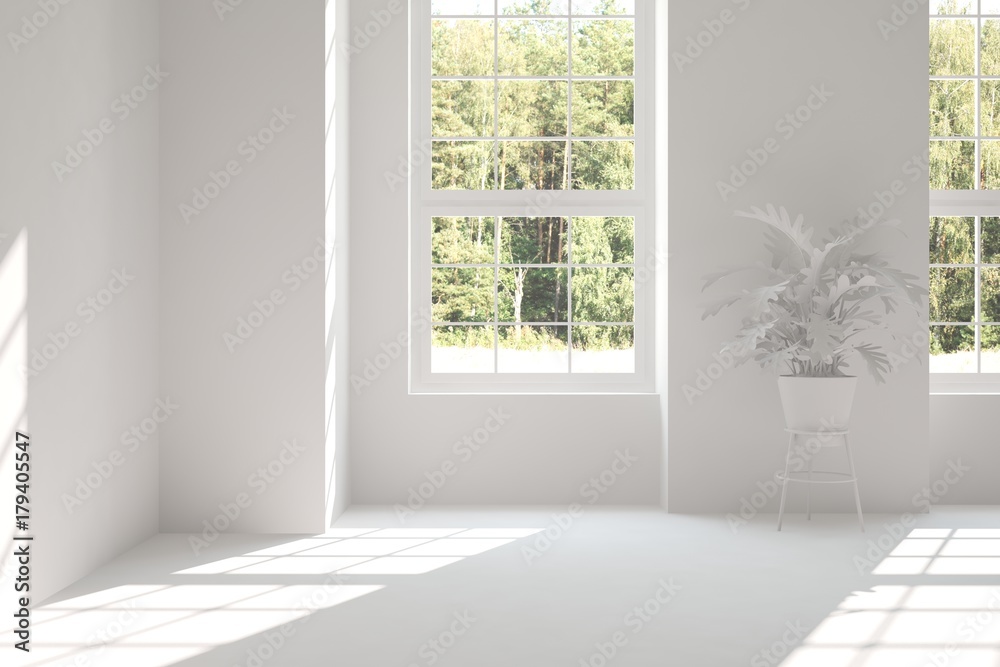 White empty room with summer landscape in window. Scandinavian interior design. 3D illustration White empty room with summer landscape in window. Scandinavian interior design. 3D illustration