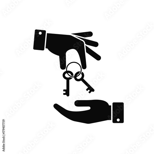 Hand giving key to other hand icon. Real estate, car sale, rent apartments or house concept. Vector flat illustration