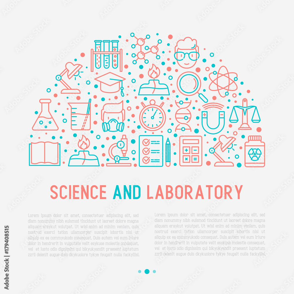 Science and laboratory concept in half circle with thin line icons of scientist, dna, microscope, scales, magnet, respirator, spirit lamp. Vector illustration for banner, web page, print media.