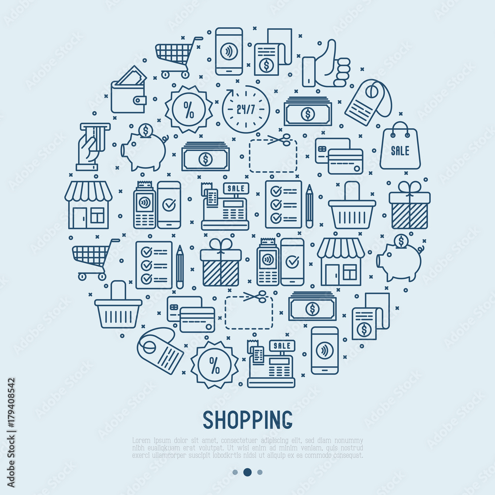 Shopping concept in circle with thin line icons: cashbox, payment, pos terminal, piggy bank, sale, currency, credit card, trolley. Vector illustration for banner, print media.