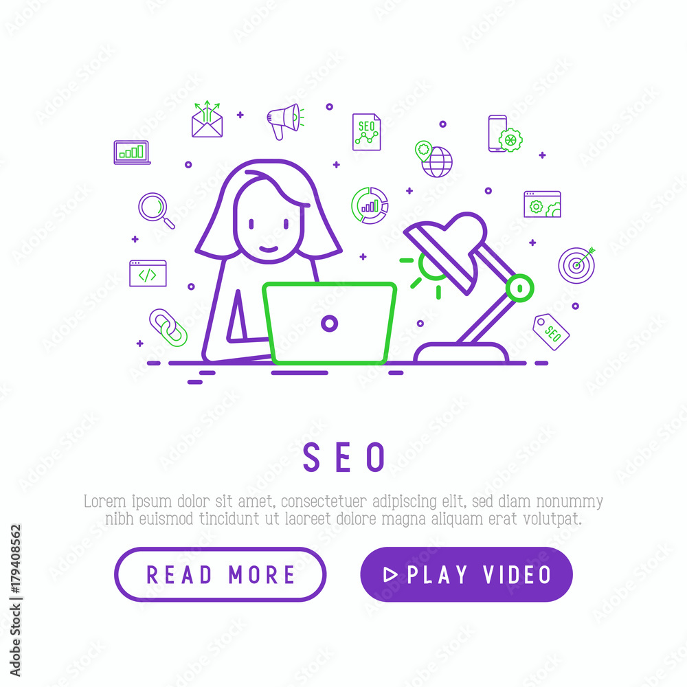 SEO analyst is working overtime with laptop and lamp with thin line icons of analytics, social strategy, seo, graphic design, programming. Vector illustration for template of web page. SEO analyst is working overtime with laptop and lamp with thin line icons of analytics, social strategy, seo, graphic design, programming. Vector illustration for template of web page.