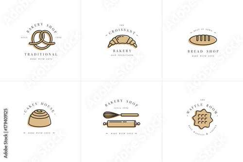 Set vector design templates and emblems - cupcake, donut and bake icon for bakery shop. Sweet shop.