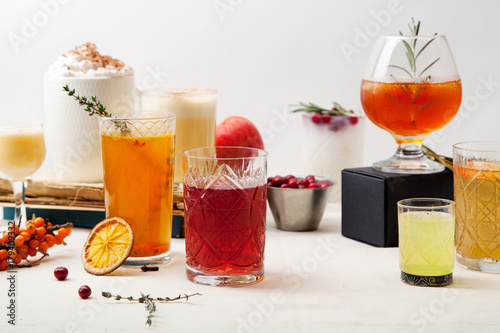 Wall Mural Set of various winter cocktails: mulled wine, eggnog, limoncello, old-fashioned, coconut margarita