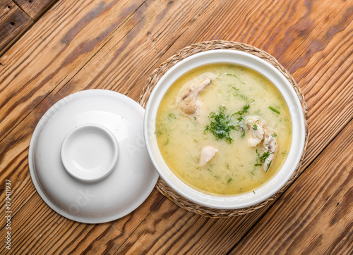 Cheese soup with chicken and vegetables