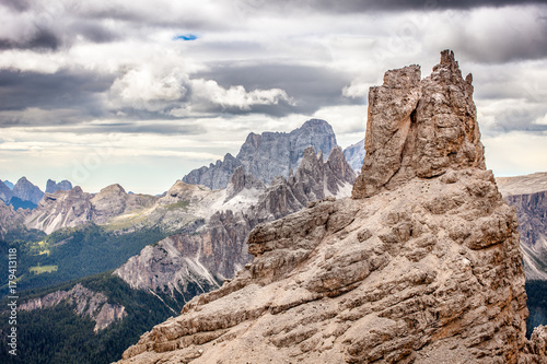 Dolomitic pinnacles with awesome mountains background Fontananegra Pass, Cortina d'Ampezzo, Dolomites, Veneto, Italy
