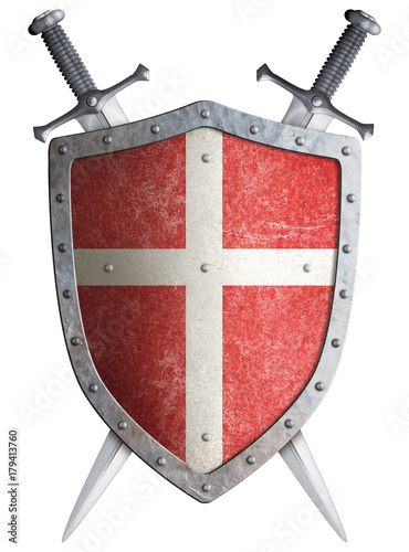 Quadro em tela Old medieval crusader shield and two crossed swords isolated 3d illustration