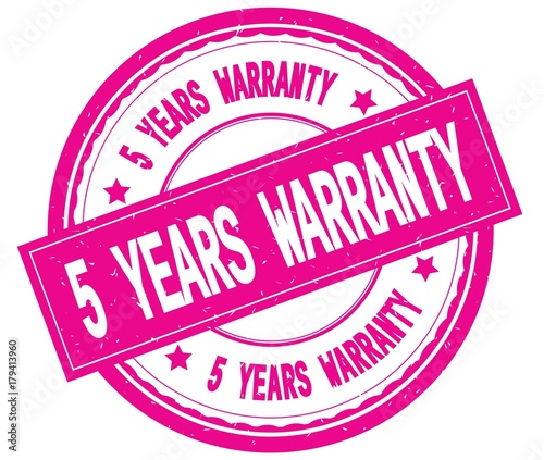 5 YEARS WARRANTY , written text on pink round rubber stamp.