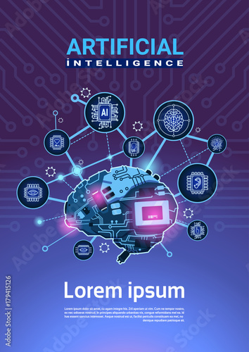 Artificial Intelligence Banner With Cyber Brain Cog Wheel And Gears Over Motherboard Vertical Background With Copy Space Flat Vector Illustration