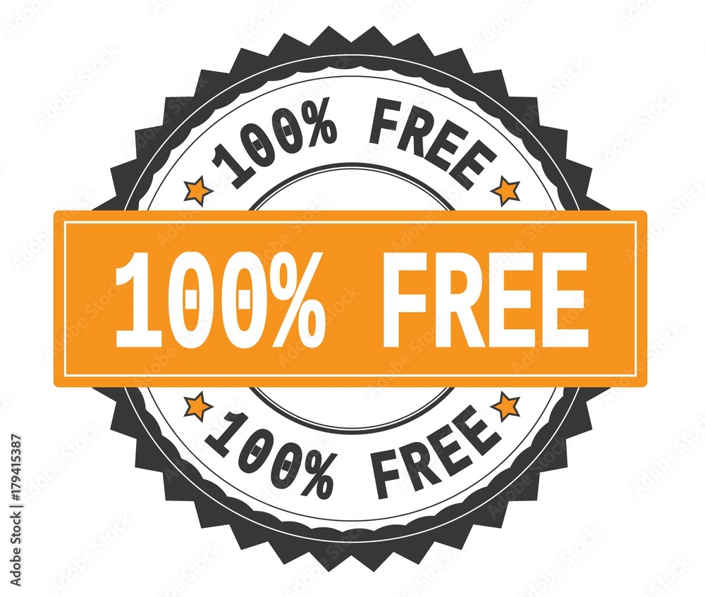 100 PERCENT FREE text on grey and orange round stamp, with zig z