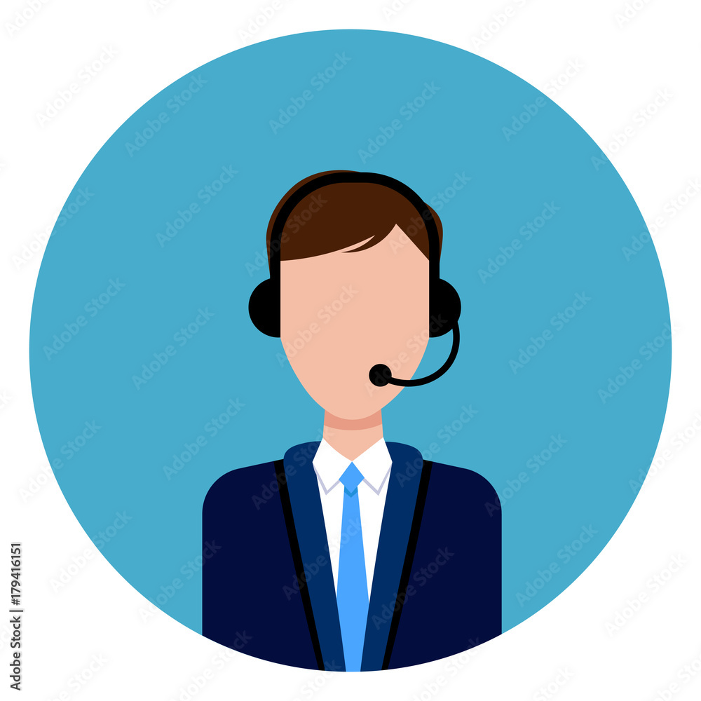 Call Service Support Male Worker Icon Round Blue Background Flat Vector Illustration