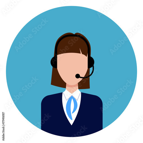 Call Service Support Female Worker Icon Round Blue Background Flat Vector Illustration