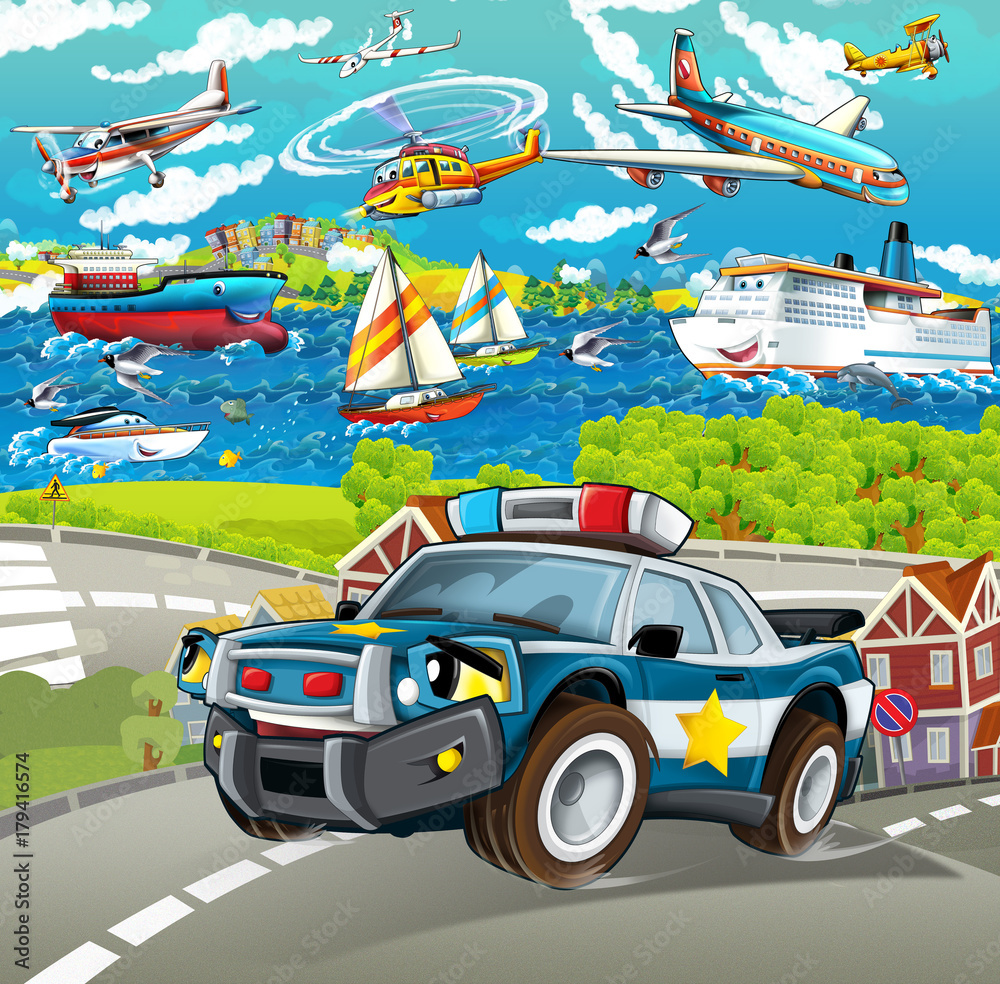 Plakat Scena kreskówki z samochodu policyjnego jazdy po mieście - samoloty i statki w tle - ilustracja dla dzieci