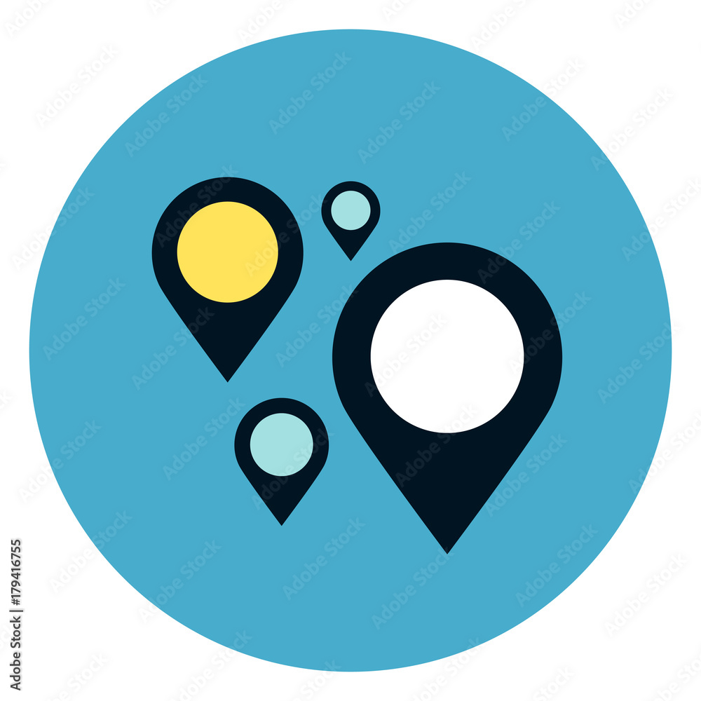 Gps Navigation Pins Icon On Round Blue Background Flat Vector Illustration