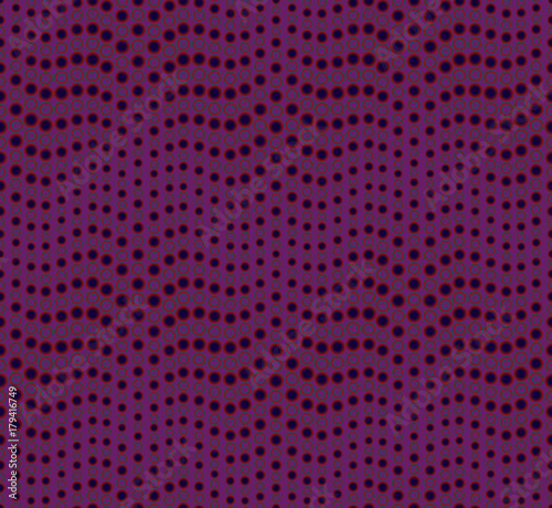 Abstract seamless pattern on purple background. Has the shape of a wave. Consists of round geometric forms. Useful as design element for texture and artistic compositions.