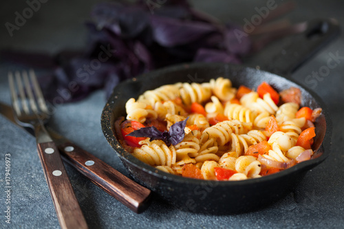 Vegetarian fusilli pasta with salsa sauce