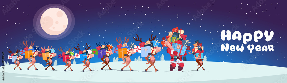 Santa With Reindeers Carry Stack Of Presents Outdoors At Night Horizontal Happy New Year Banner Design Flat Vector Illustration