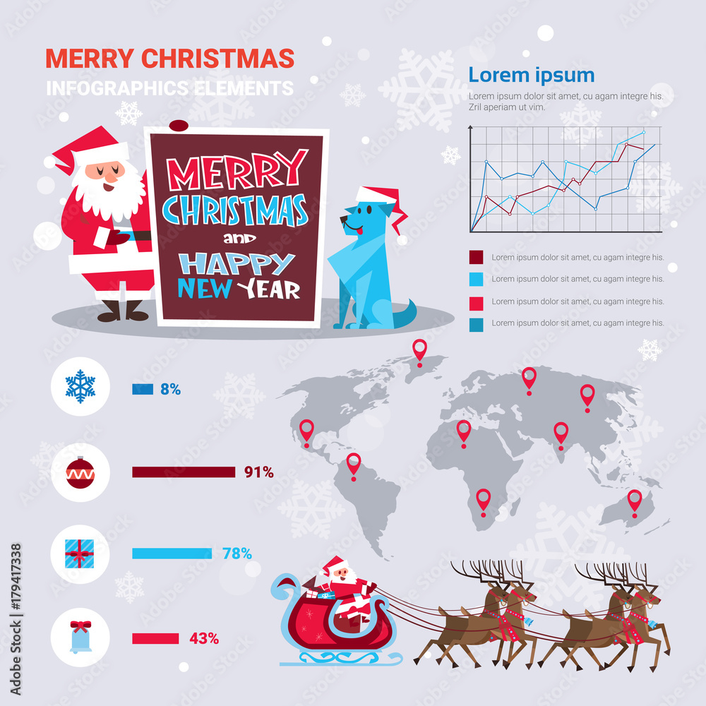Santa And Dog Holding Meery Christmas And Happy New Year Banner Over Infographics Set Decoration Vector Illustration