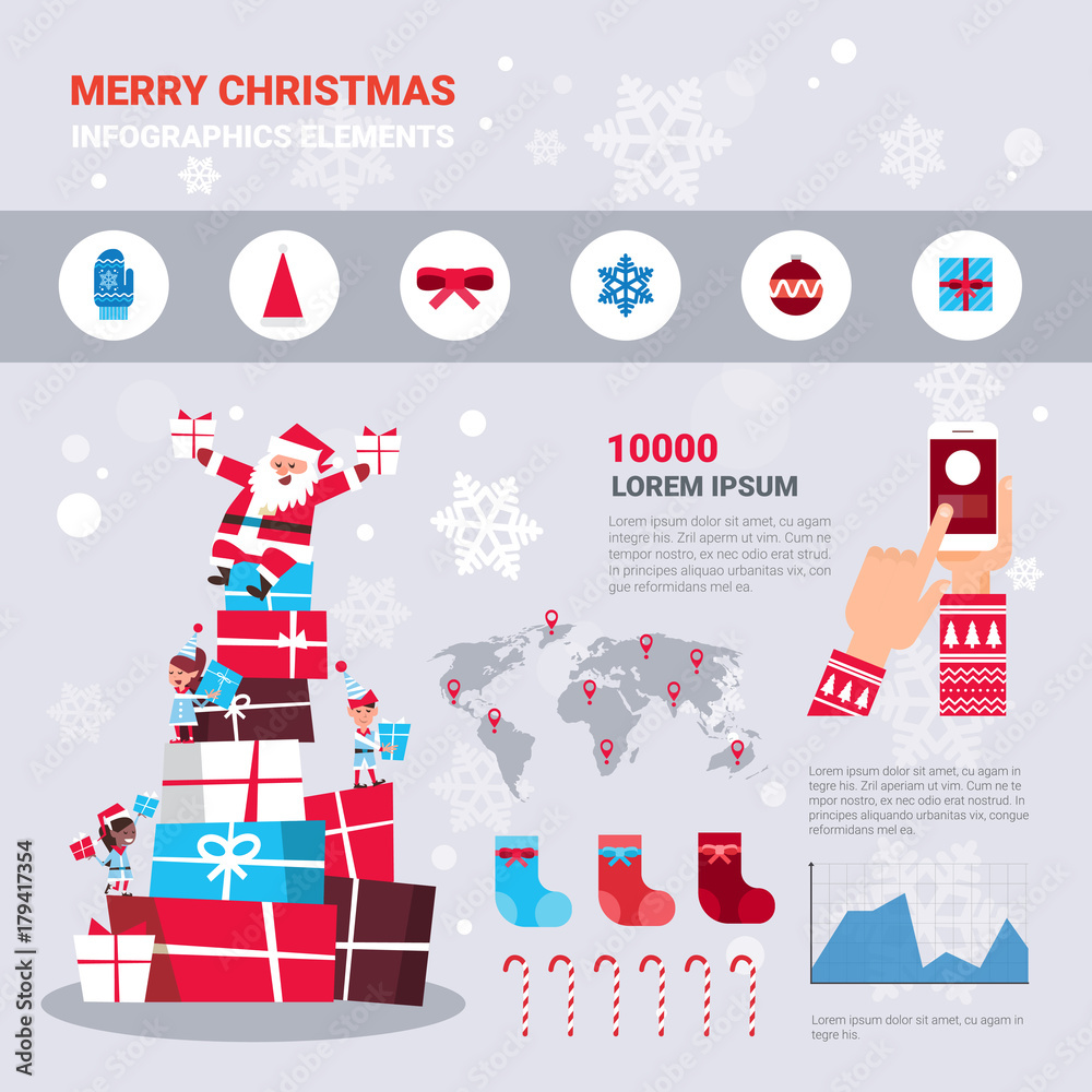New Year And Christmas Infographics Set With Santa Standing On Big Gifts Stack Vector Illustration