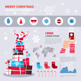 New Year And Christmas Infographics Set With Santa Standing On Big Gifts Stack Vector Illustration