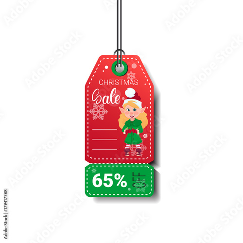 New Year Sale Tag With Elf Girl Isolated On White Background Flat Vector Illustration