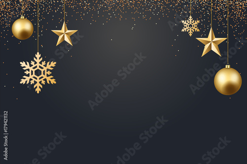 vector illustration of christmas 2017 background with christmas ball star snowflake confetti gold and black colors