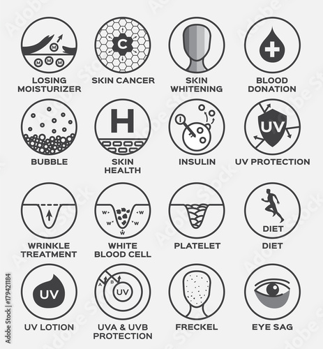 skin icon and vector / losing moisturizer cancer whitening blood donation bubble health insulin uv protection diet platelet wrinkle treatment lotion freckle eye sag